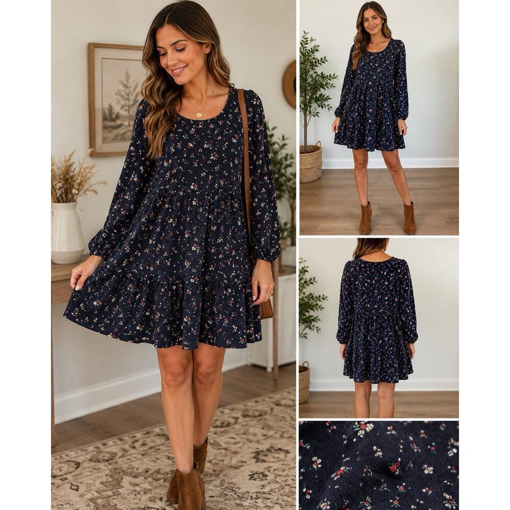 Time & Tru W Med Prairie Dress Blk Floral Puff Sleeve Tiered Pinwhale Corduroy